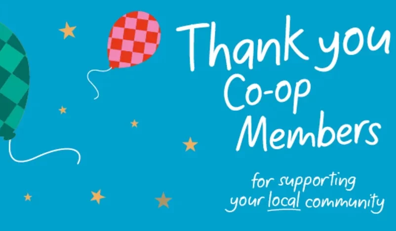 Blur graphic with red and green balloons and text saying 'Thank you co-op members for supporting your local community